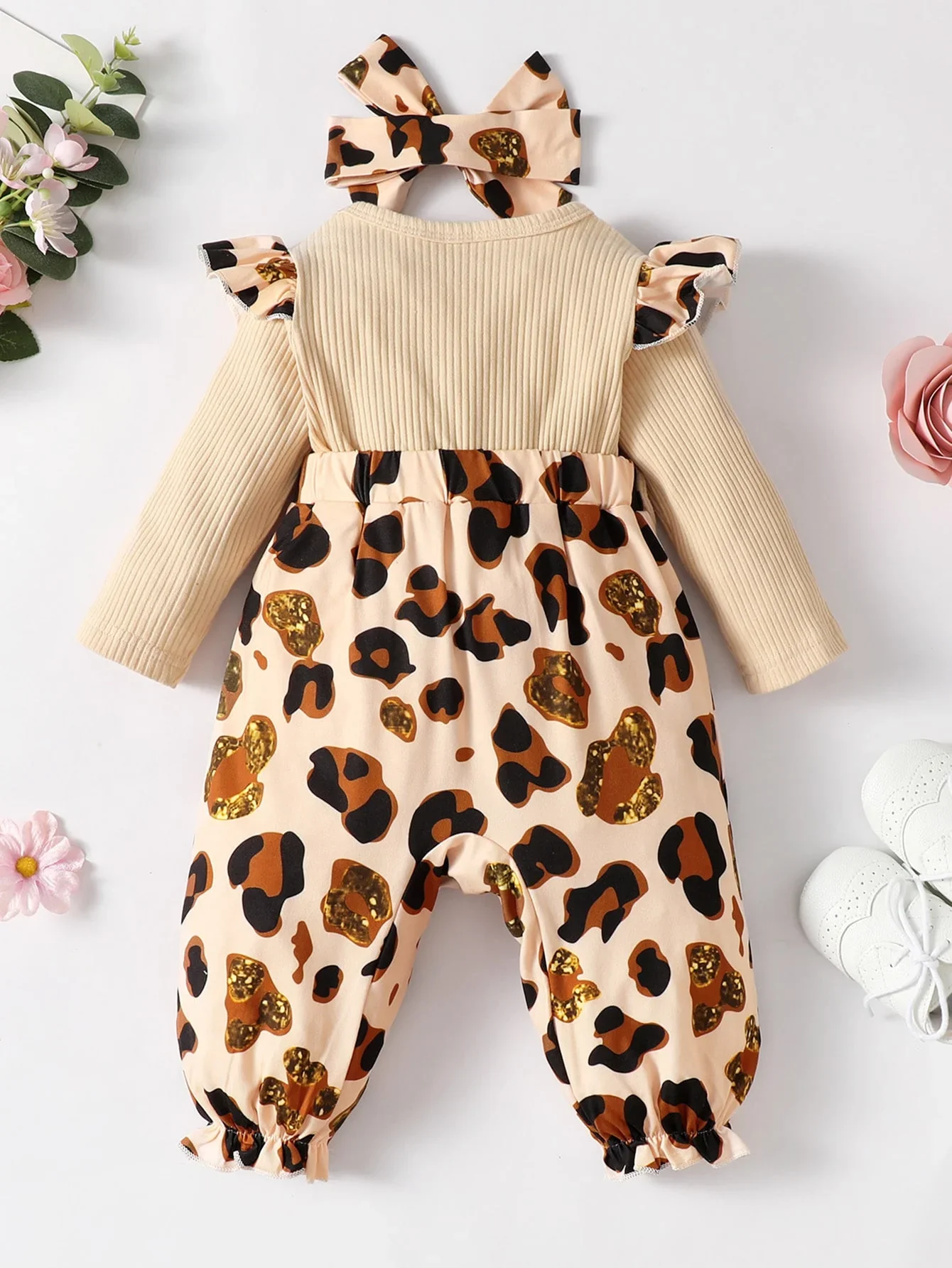 Baby Girl Leopard Jumpsuit Set – Ruffle Trim & Headband - Image 2