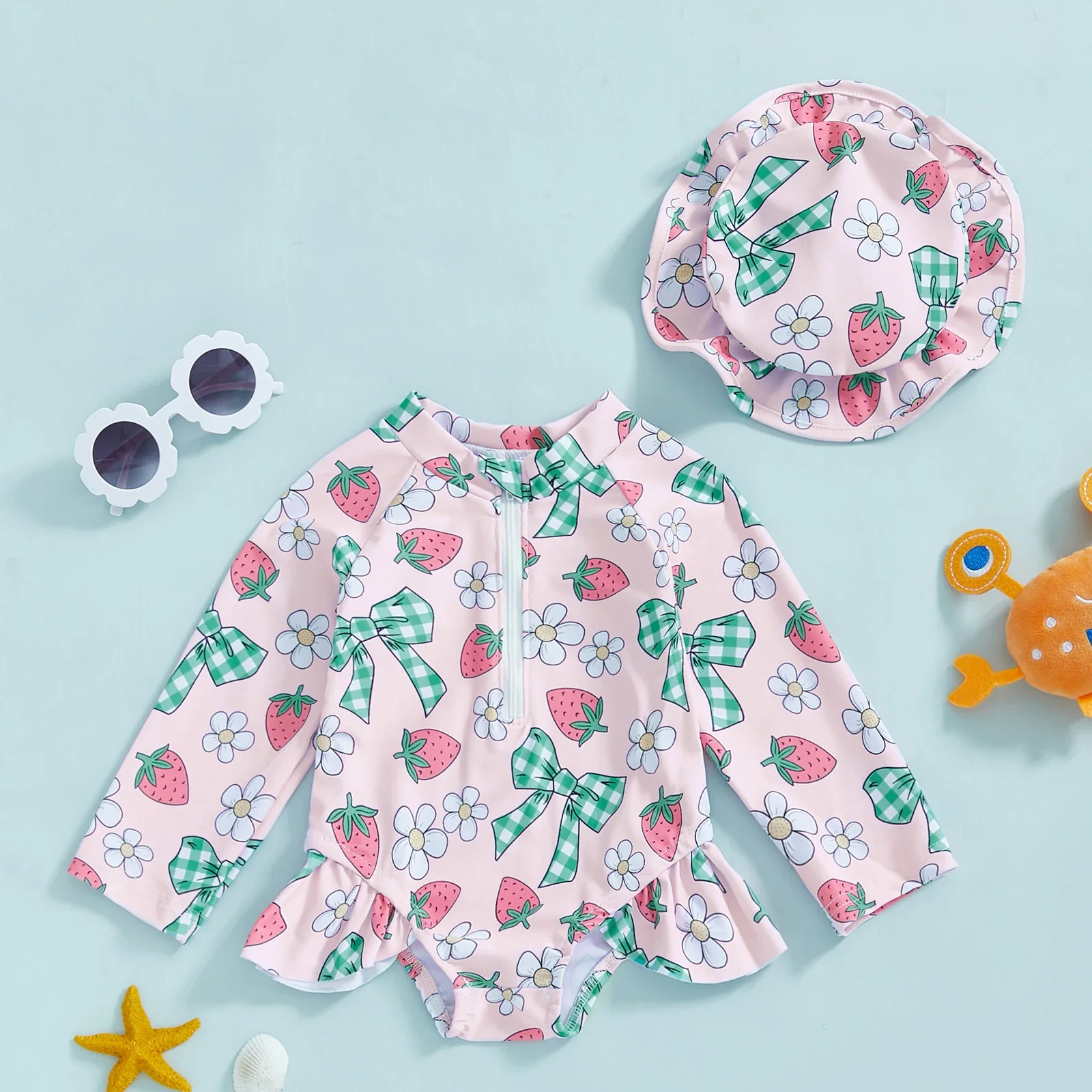 Baby Girls Floral Rash Guard with Hat – Zip Up - Image 9
