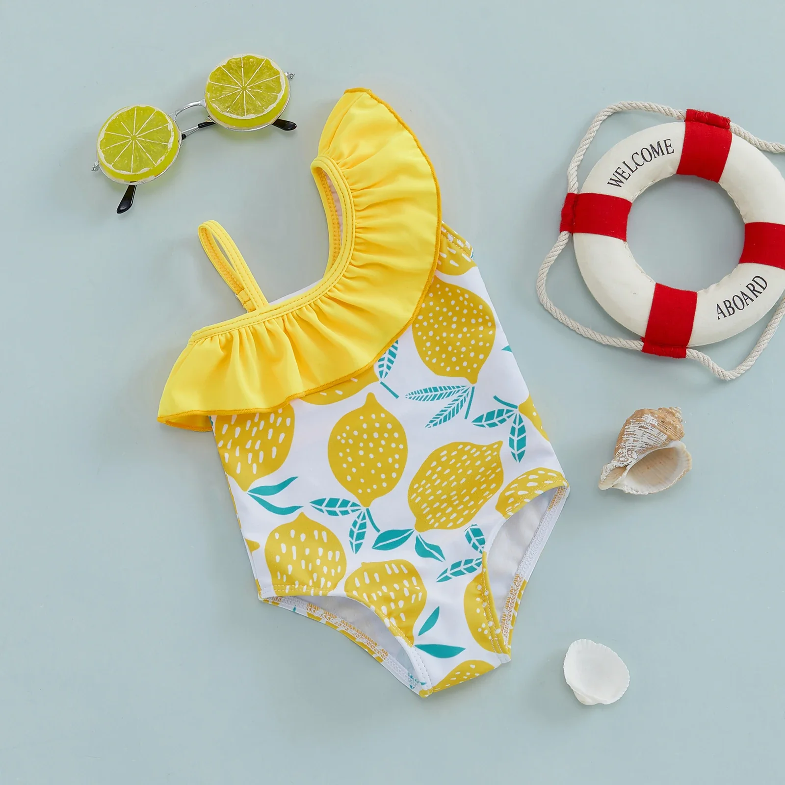 Baby Girls One-Shoulder Swimsuit – Lemon Print - Image 2