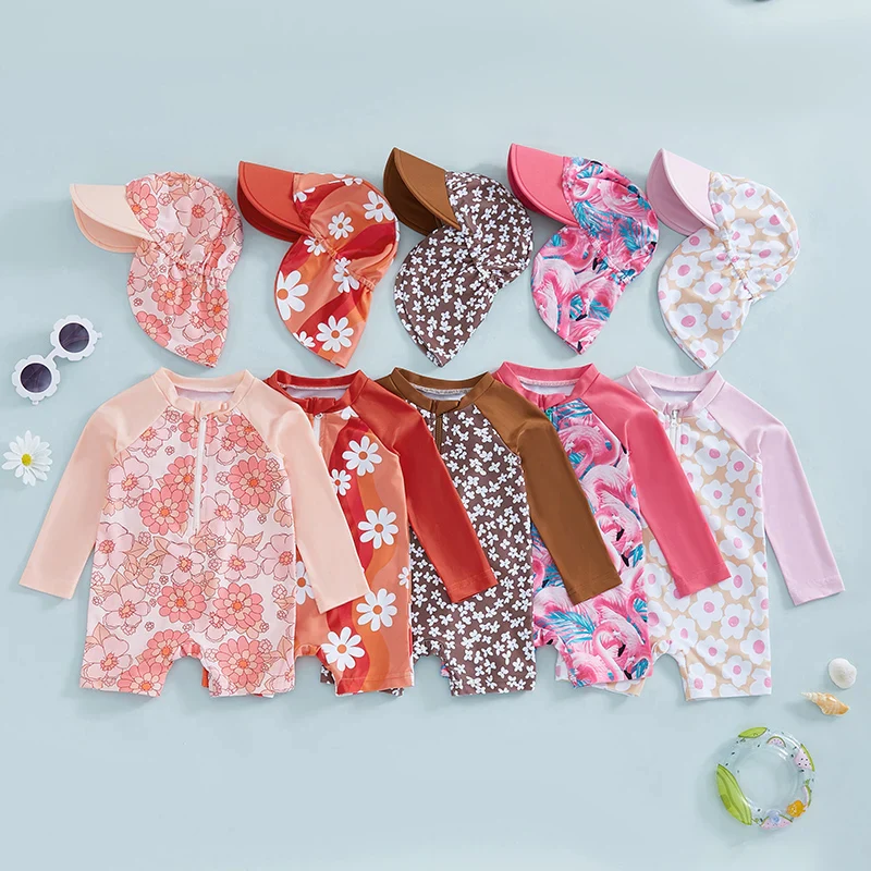 Baby Girls Rash Guard Set – Floral & Flamingo Print