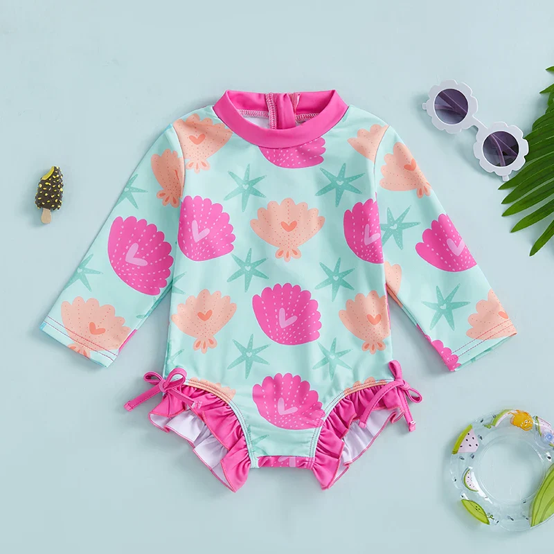 Baby Girls Rash Guard Swimsuit – Shell Print UV Cover