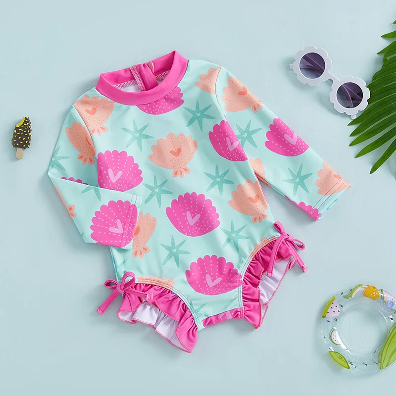 Baby Girls Rash Guard Swimsuit – Shell Print UV Cover - Image 3