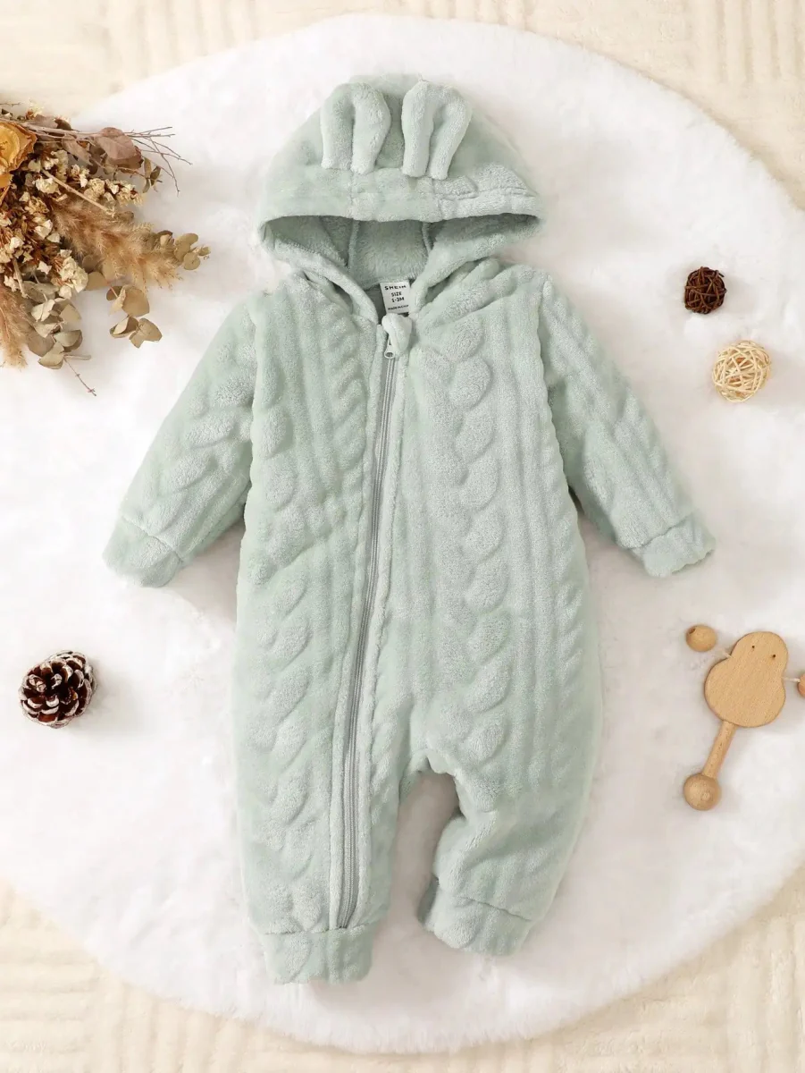 Baby Hooded Jumpsuit – Plush Winter Romper (0–18 Months)