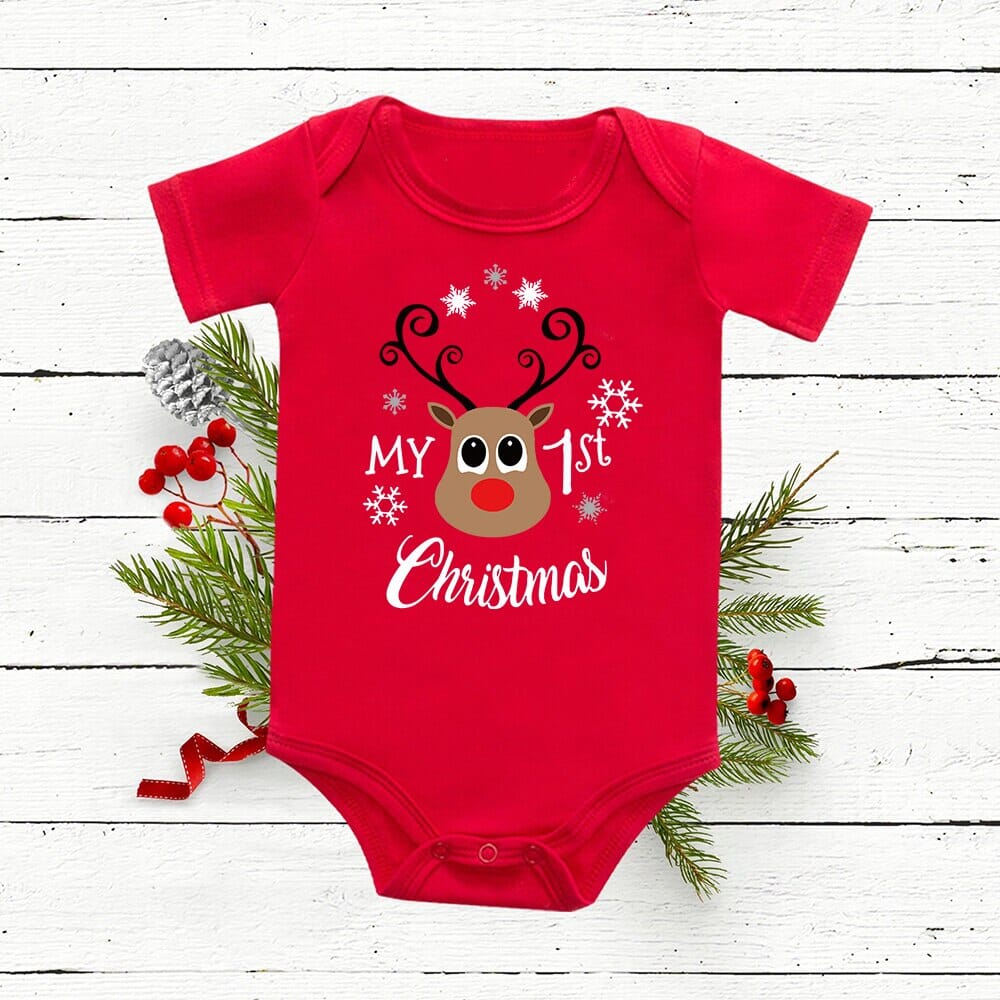Christmas Deer Tree Print Baby Red Romper - Image 2