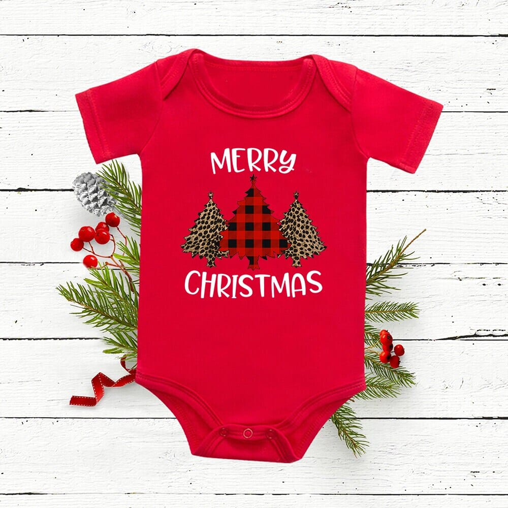 Christmas Deer Tree Print Baby Red Romper - Image 3