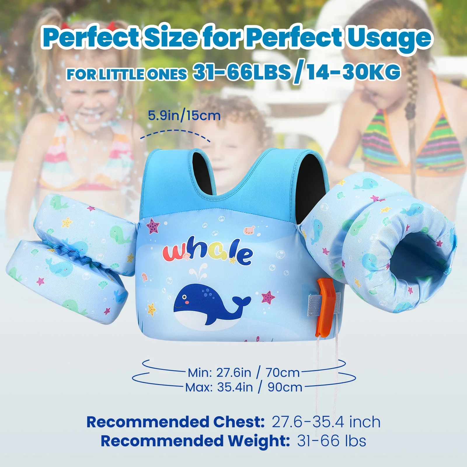 Kids Life Vest with Foam Arm Floats & Safety Whistle - Image 6